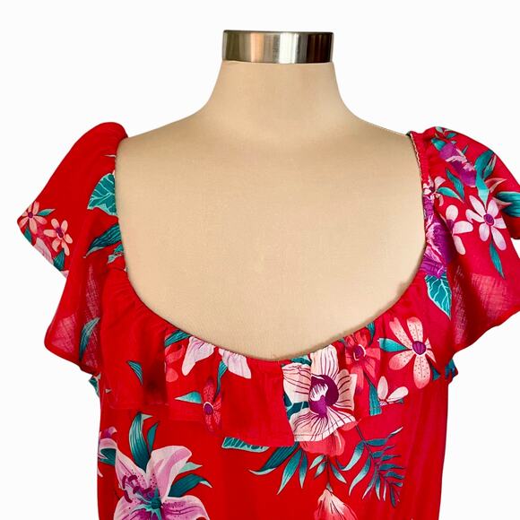 Old Navy Tiered Midi Dress Red Floral Tropical Print XL Sweetheart Neck Summer - Picture 3 of 7